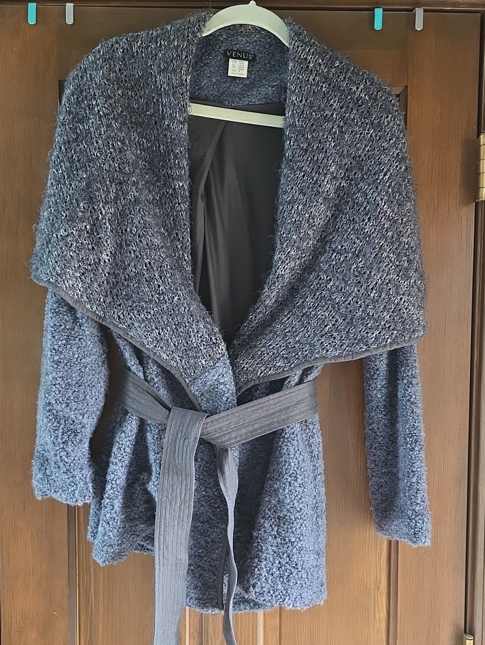 Venus Navy And Charcoal Knit Shawl-Collar Belted Cardigan Sz M